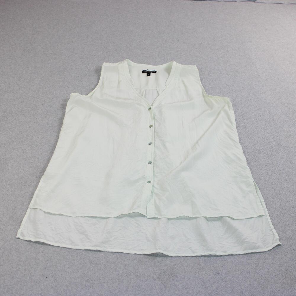 Eileen Fisher Silk Shirt Women Medium Green Button Sleeveless Tunic Lagenlook